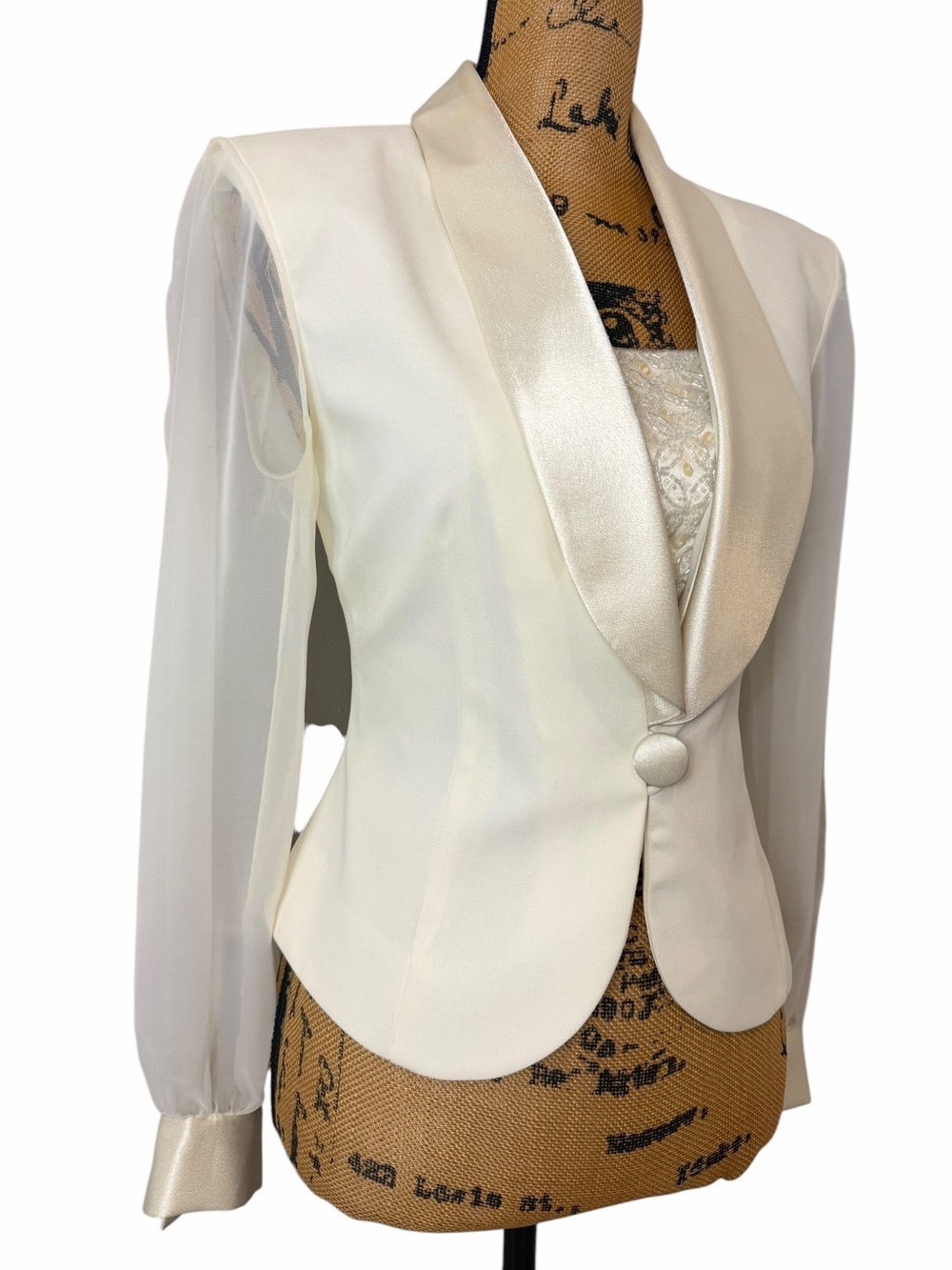 Vintage Ivory Satin Tuxedo Blazer Beaded Illusion Top Sheer Sleeve 10P - Picture 7 of 10